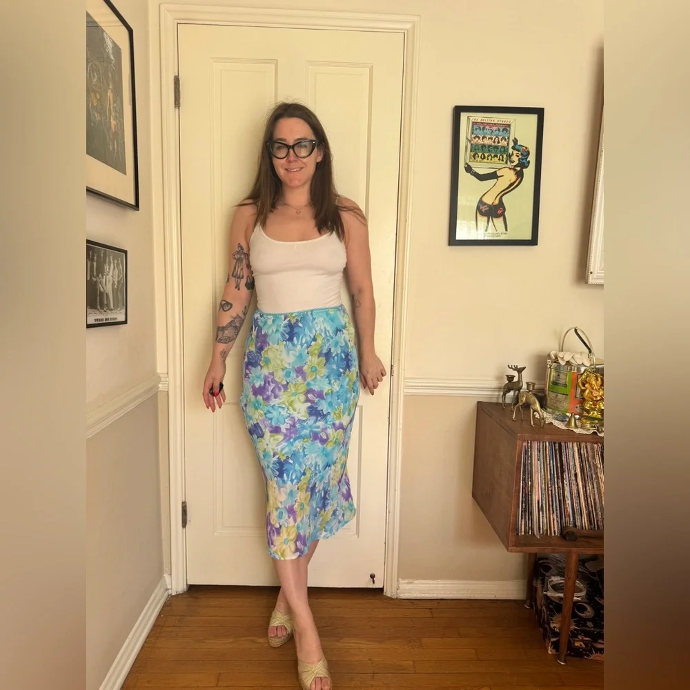 Y2K Vintage Blue Floral Watercolor Slip Style Skirt - Picture 1 of 8